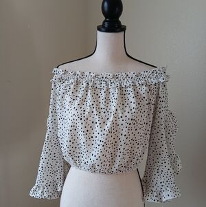 SHE + SKY Black and White Polka Dot Off-Shoulder Blouse